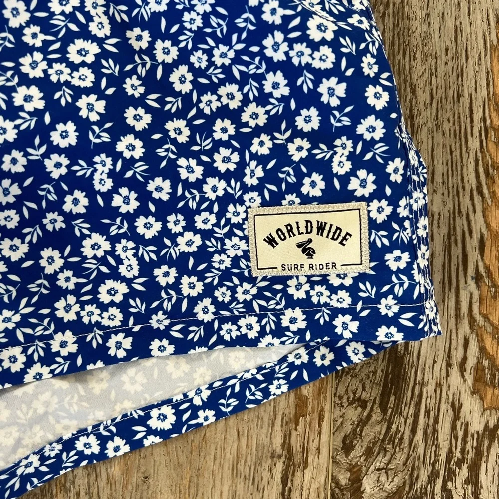 Men’s Blue & White Patterned Swim Trunks w/ Elastic Waistband Drawstring Size L